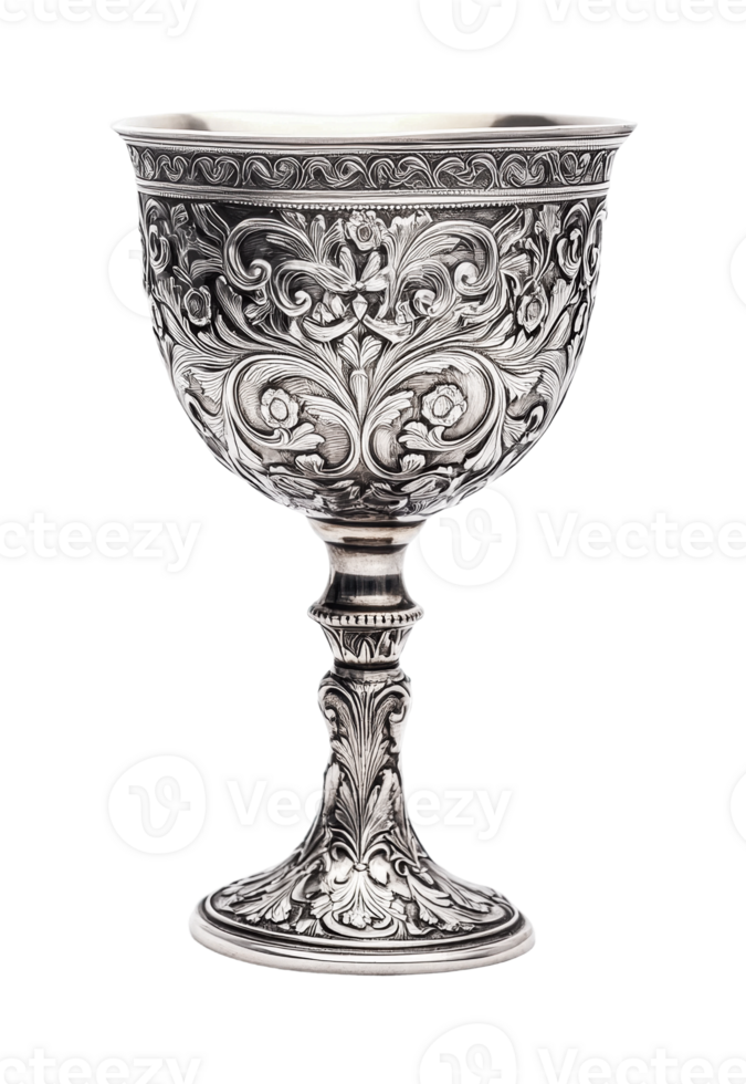 Intricately designed silver goblet with ornate floral patterns, cut out png