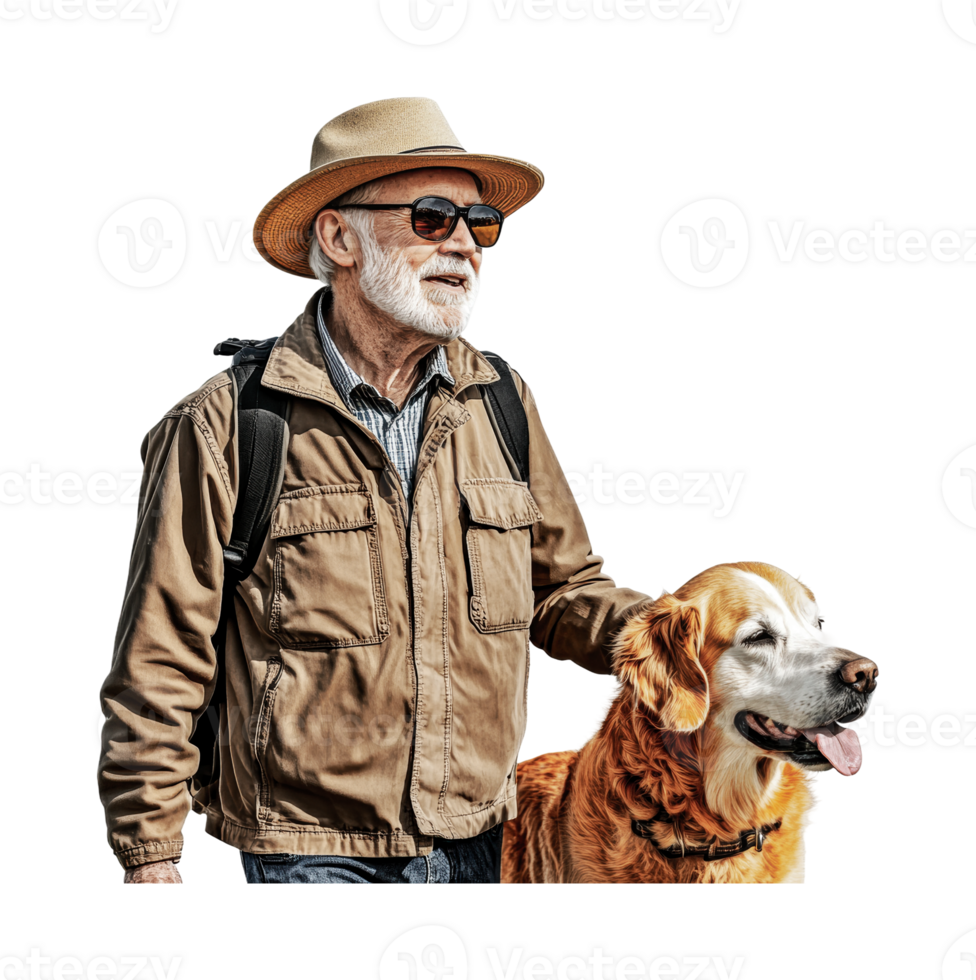 Elderly caucasian male with dog wearing sunglasses and hat outdoors, cut out png