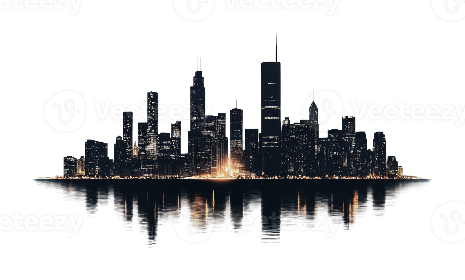 Nighttime new york city skyline reflection with illuminated skyscrapers, cut out png