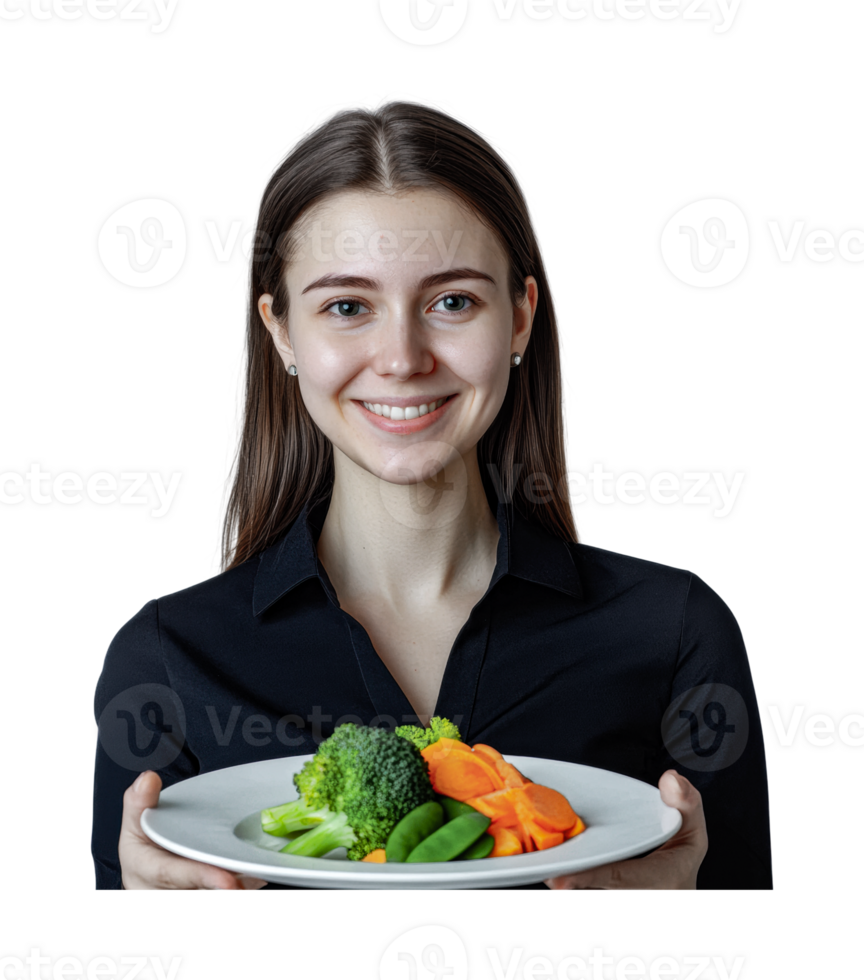 Young caucasian female presenting fresh vegetable dish with smile, cut out png