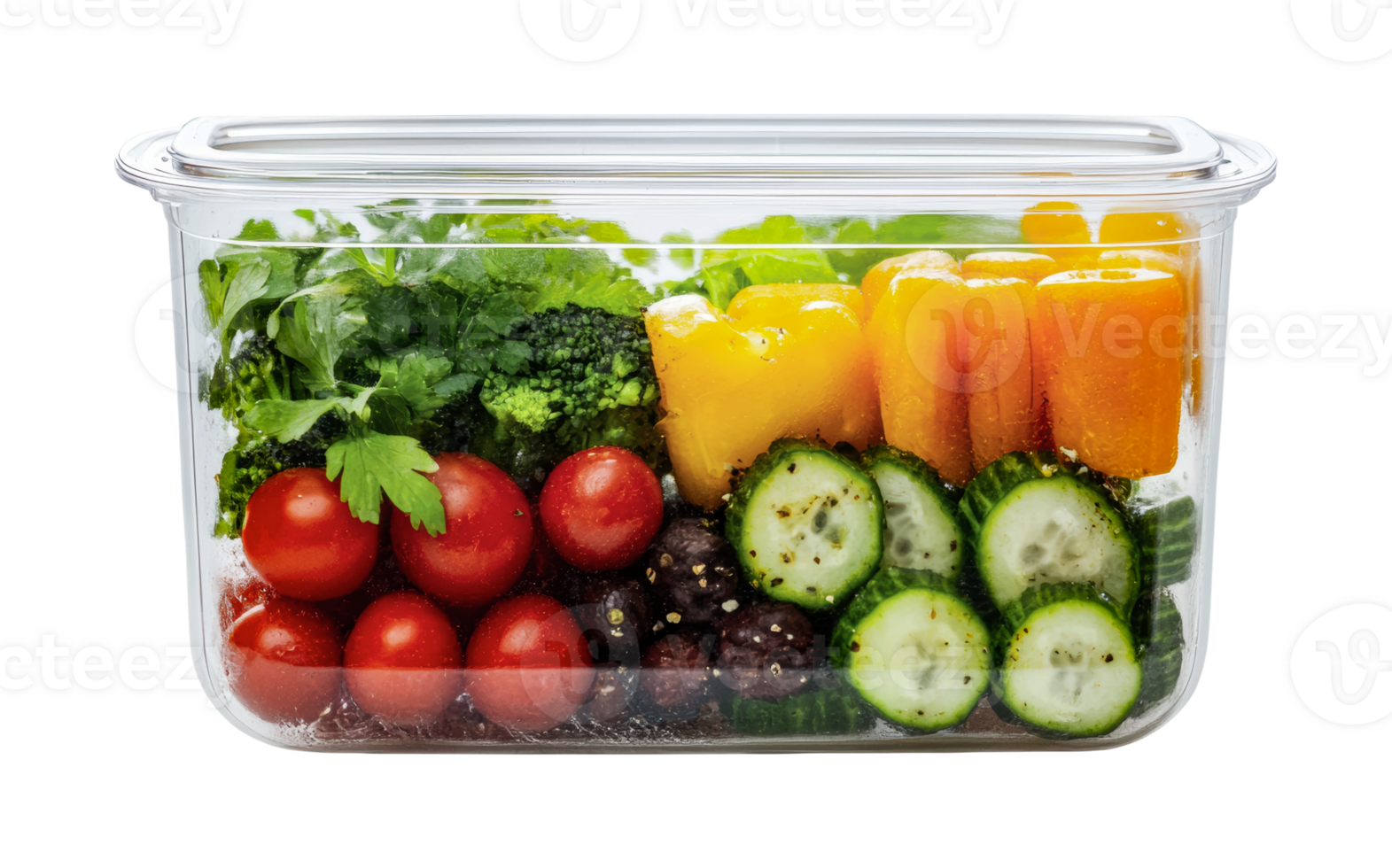 Fresh vegetables in transparent container with cherry tomatoes, peppers, and greens, cut out png