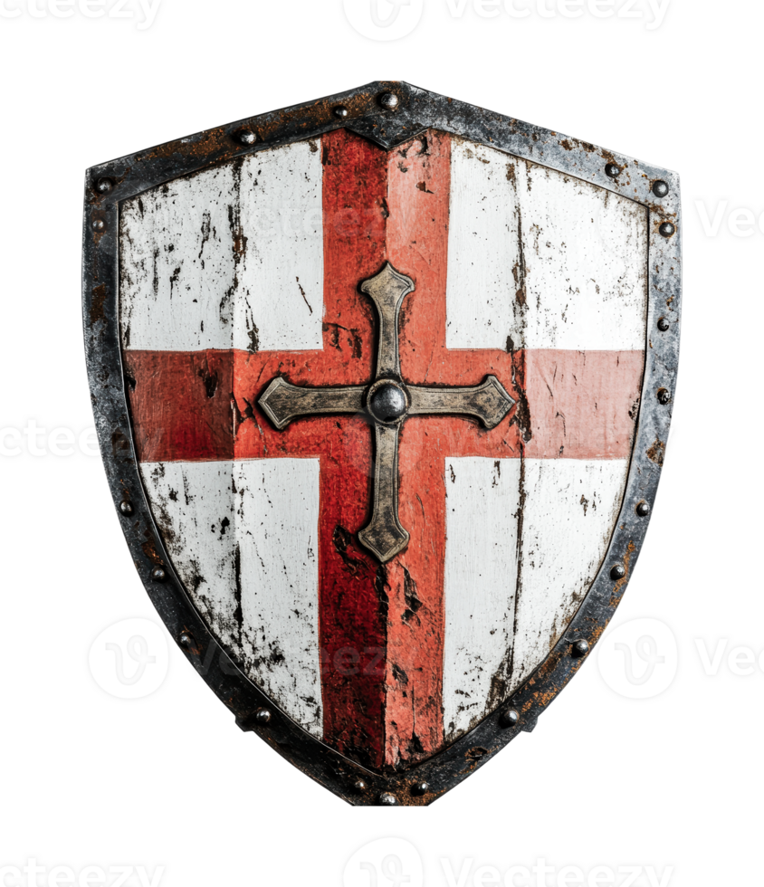 Medieval knights templar shield with red cross on weathered surface, cut out png
