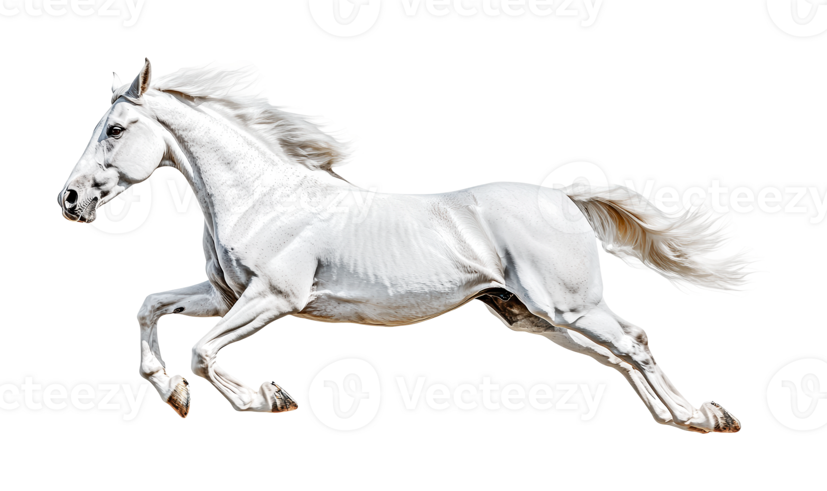 Majestic white horse galloping powerfully forward in dynamic motion, cut out png