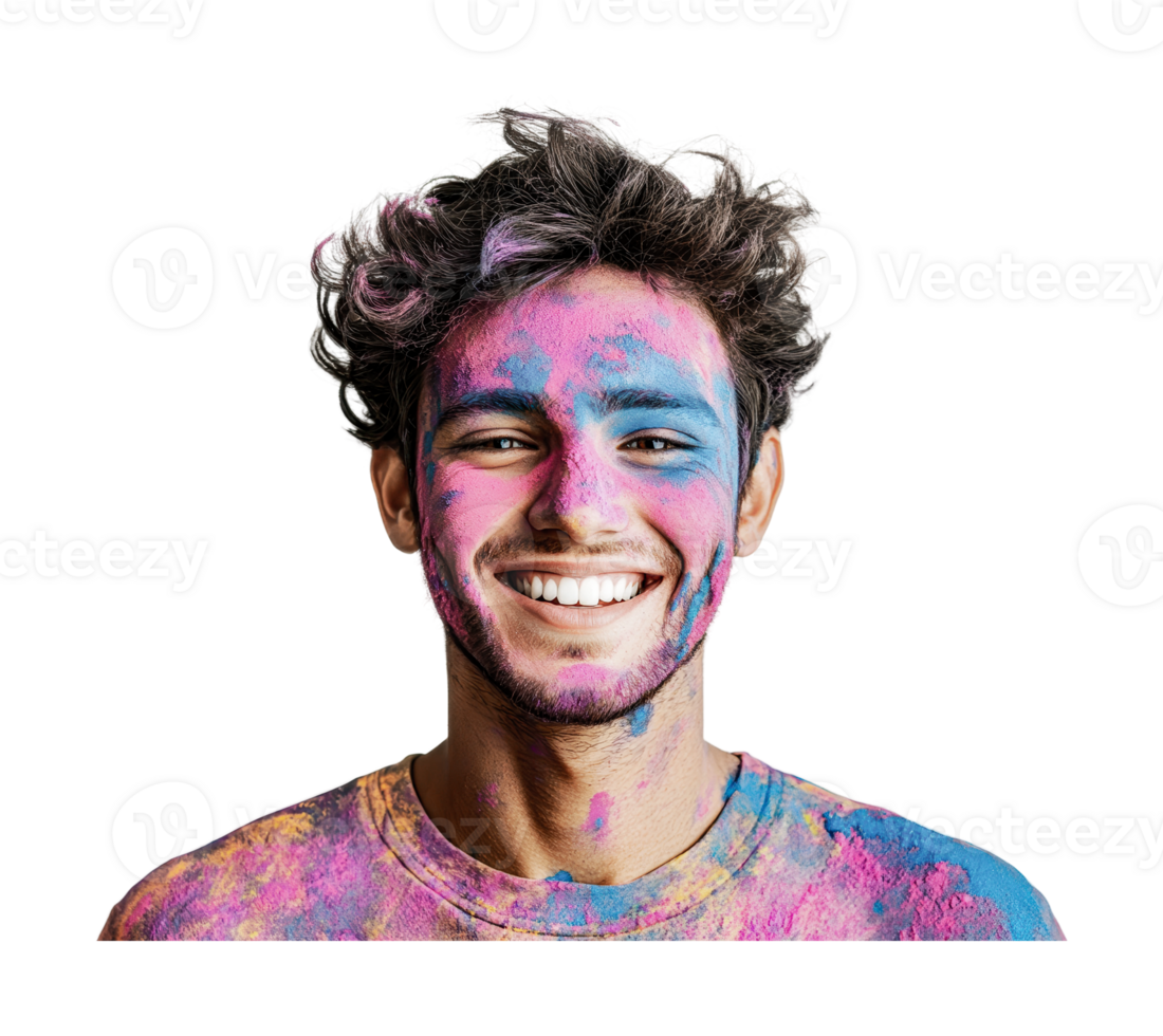 Young caucasian male with colorful face paint smiling enthusiastically, cut out png