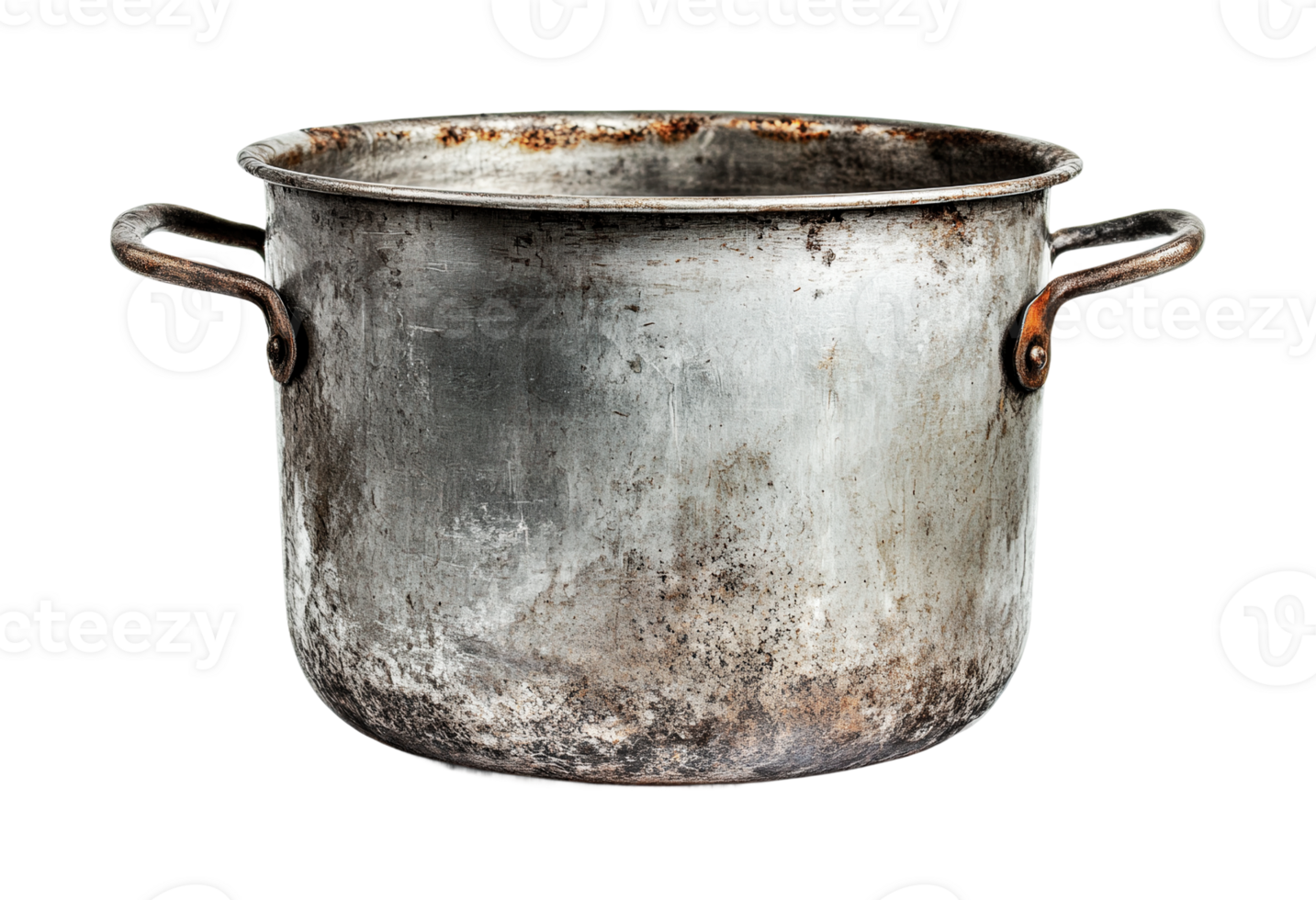 Rustic weathered metal cooking pot with handles, cut out png