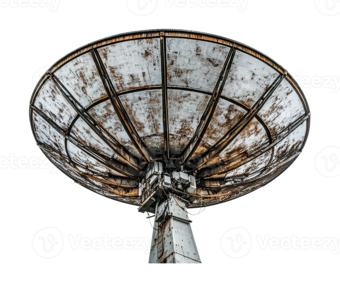Rusty industrial satellite dish against black background, cut out png