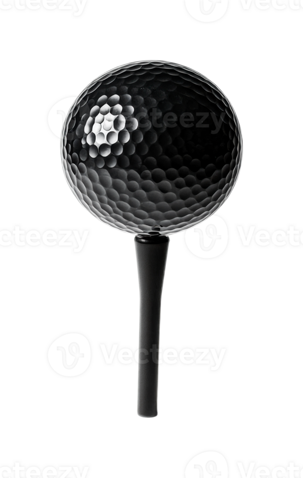 Golf ball on tee with black background highlighting textured surface, cut out png