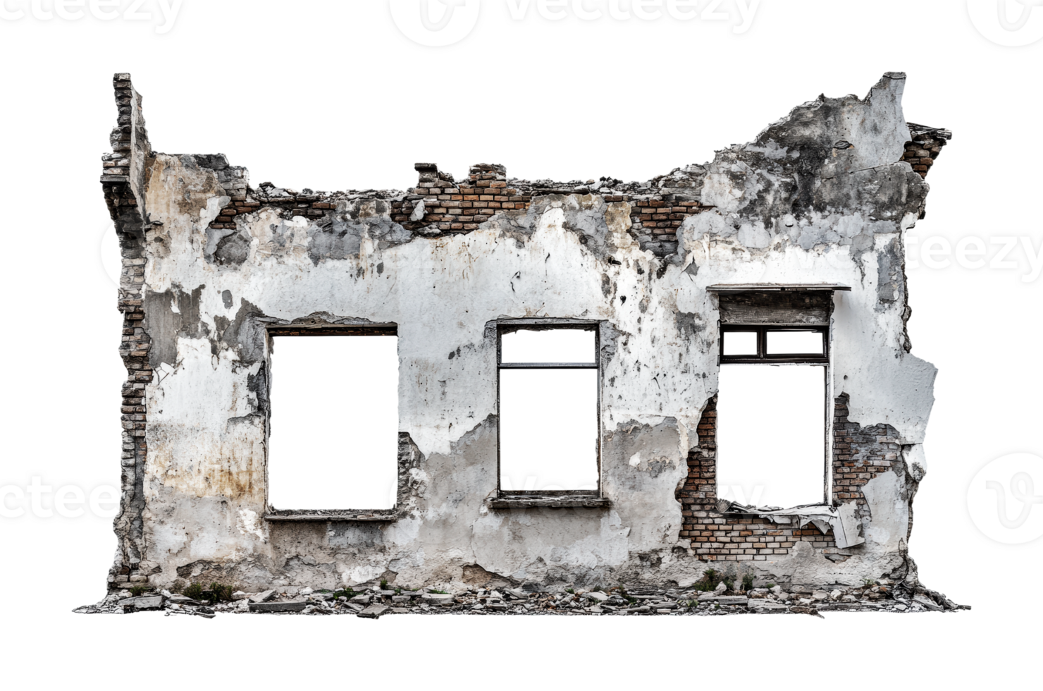 Crumbling old brick building facade with weathered walls and broken windows, cut out png