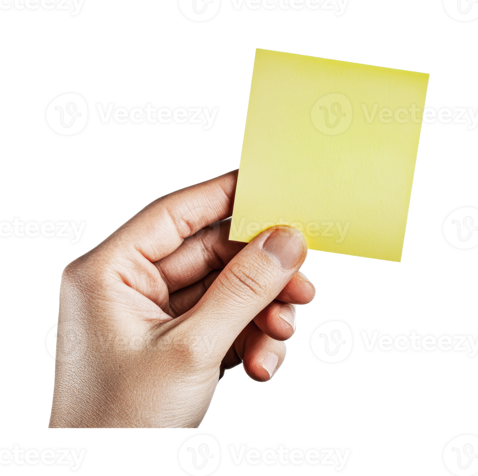 Female hand holding sticky note isolated, cut out png