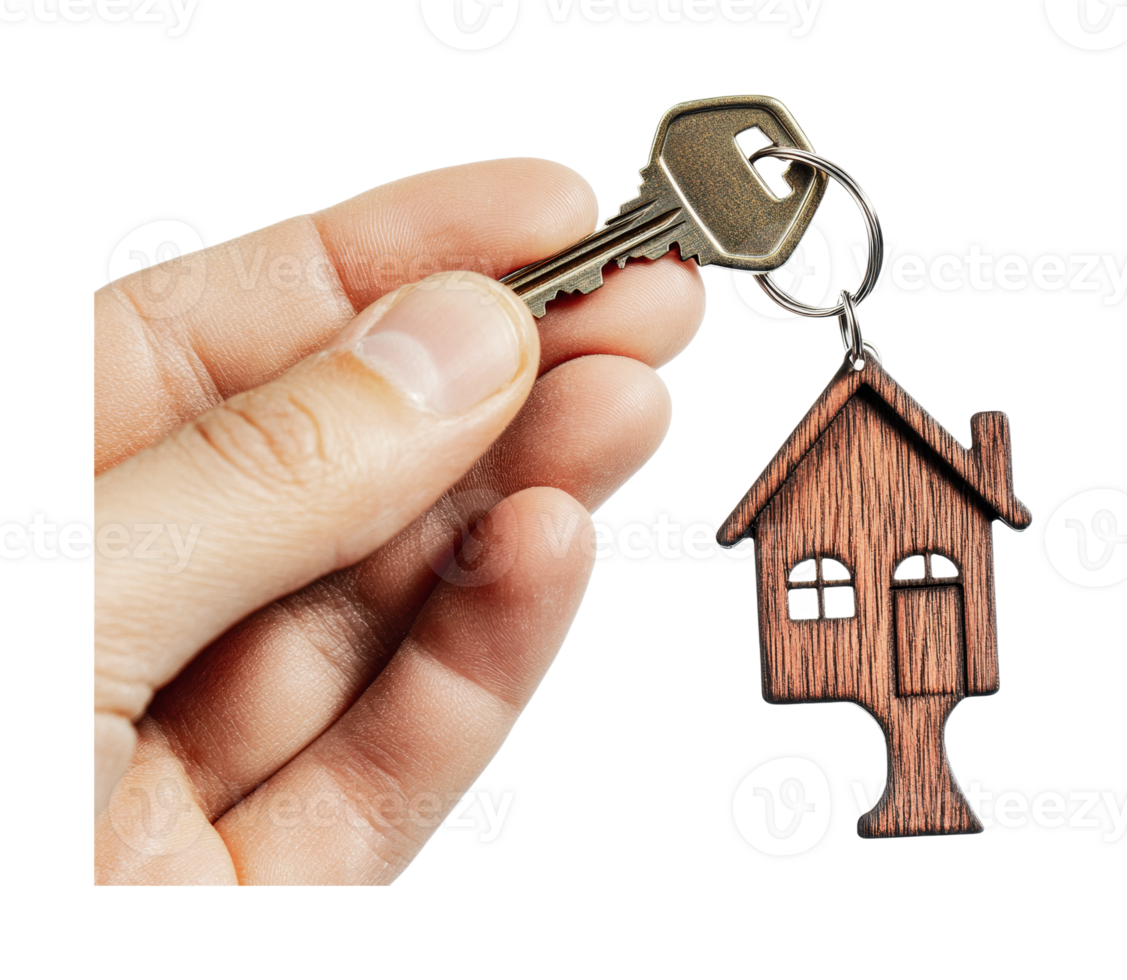 Close-up of hand holding key with wooden house keychain, cut out png