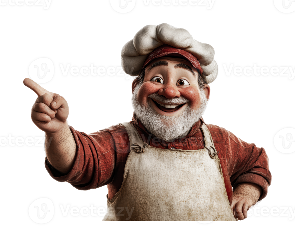 Animated smiling baker character pointing with joyful expression, cut out png
