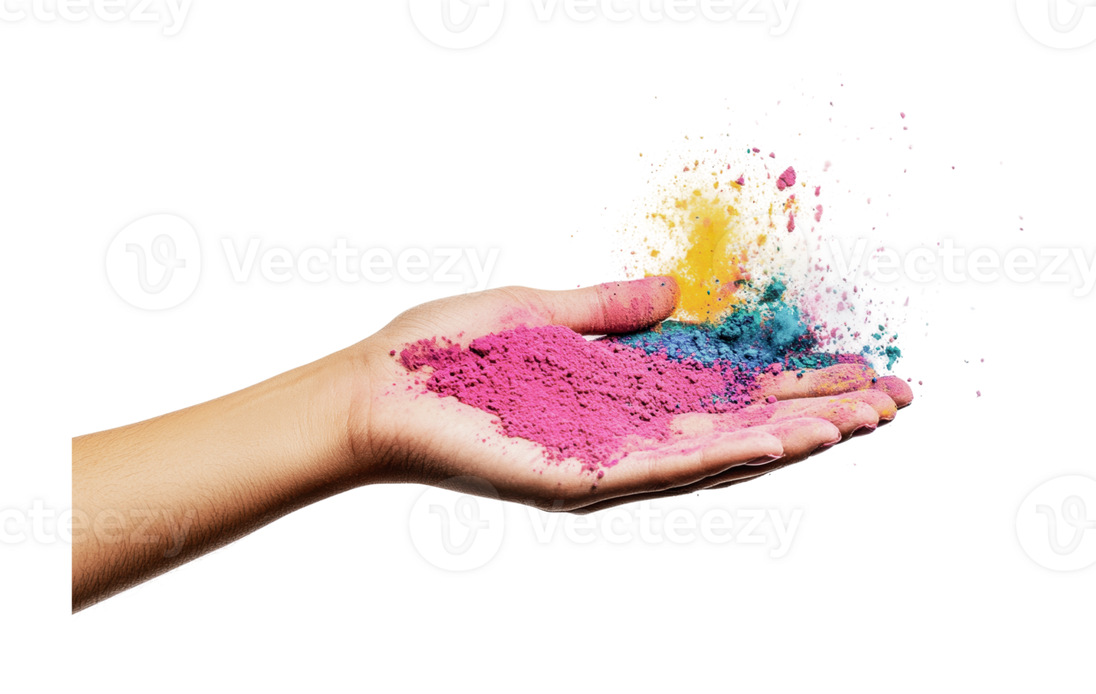 Colorful holi powder exploding from hand, cut out png