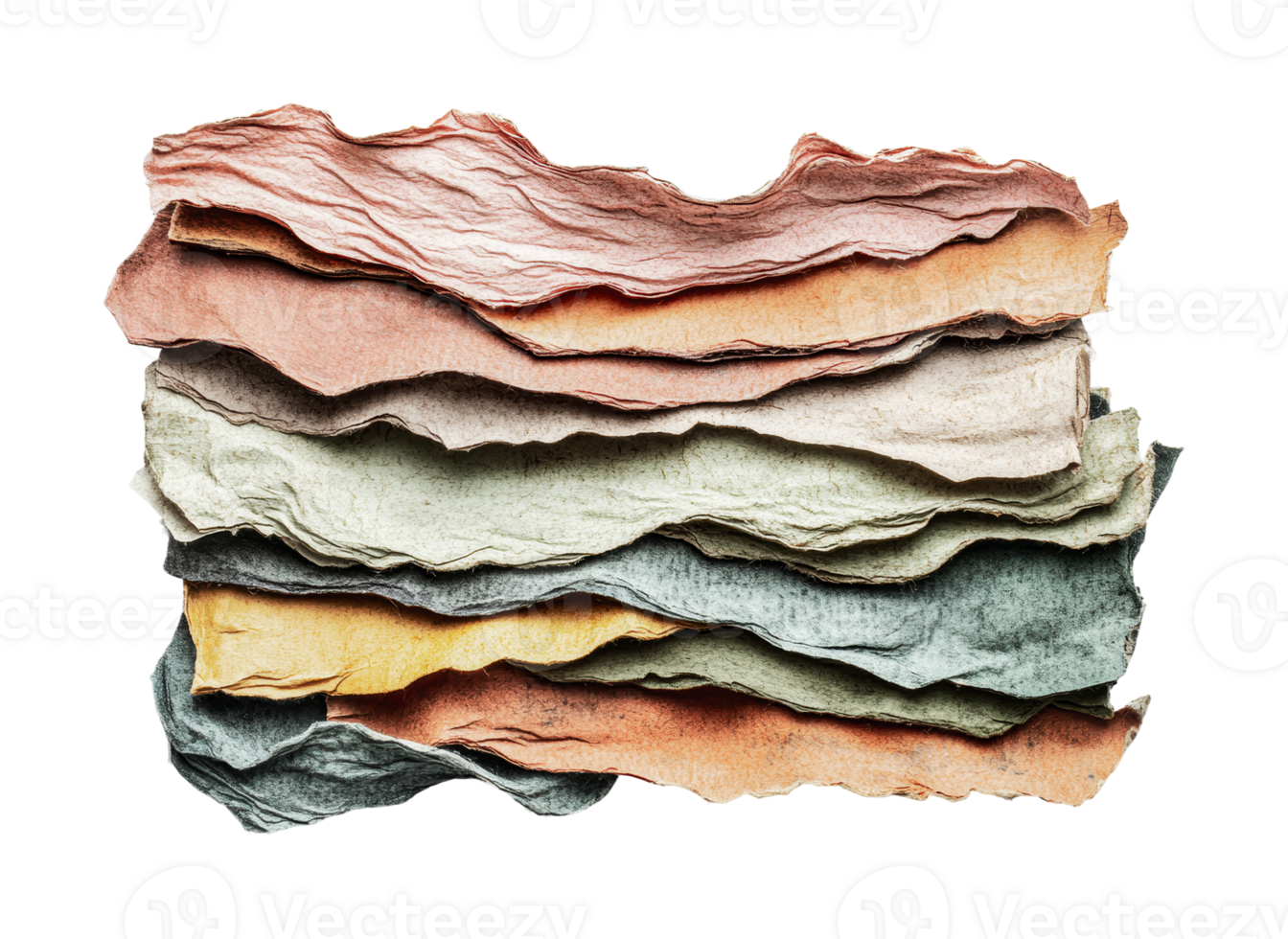 Abstract composition of multicolored textured torn paper layers, cut out png