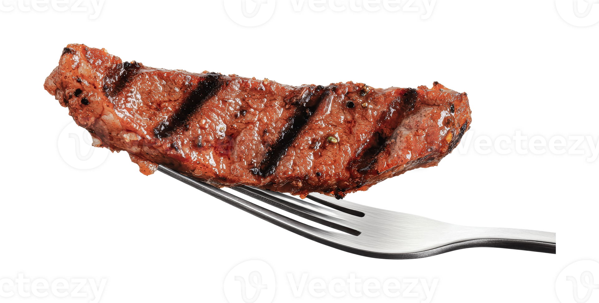 Grilled steak bite on silver fork with char marks against white background, cut out png