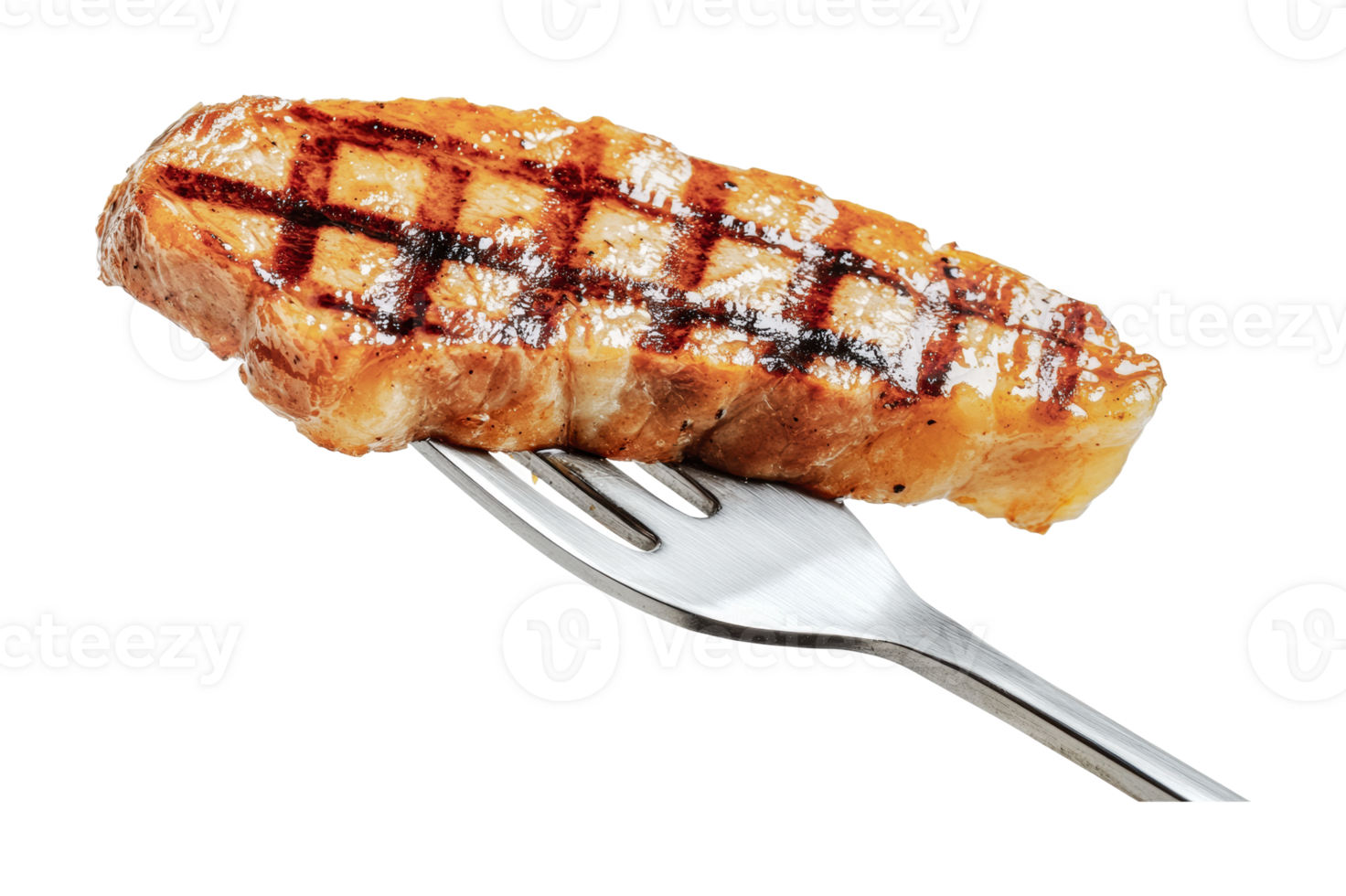 Juicy grilled steak on fork with perfect grill marks, cut out png