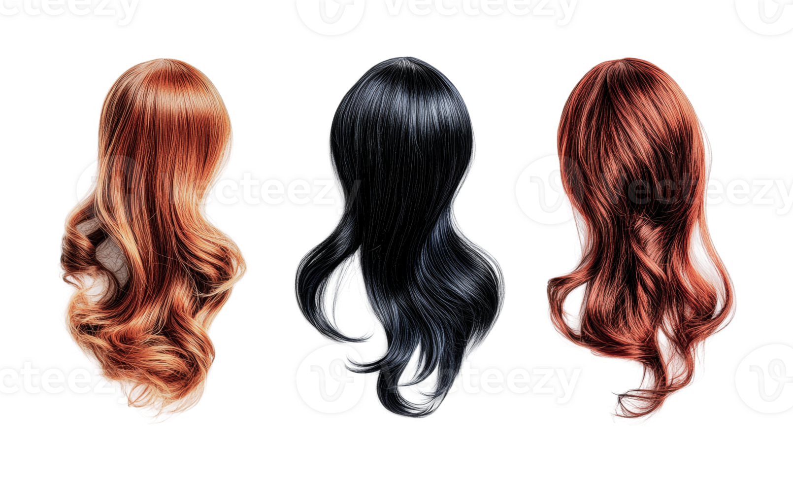 Three styled wigs with red and black hair color showcase, cut out png