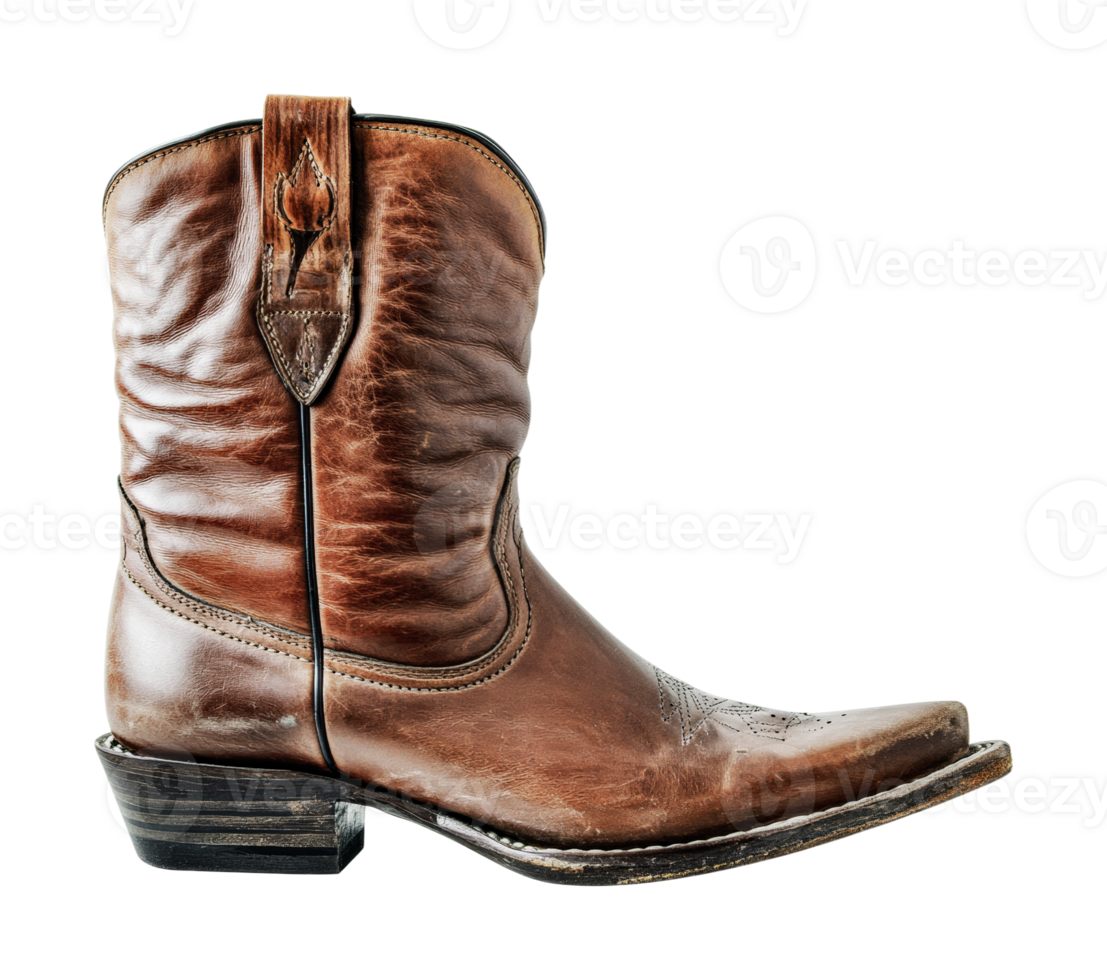 Worn brown leather cowboy boot with western stitching design, cut out png