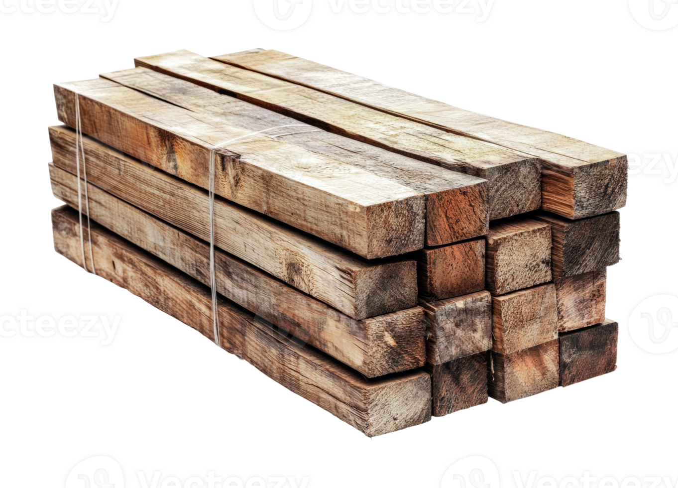 Stack of rough wooden planks tied with string, cut out png