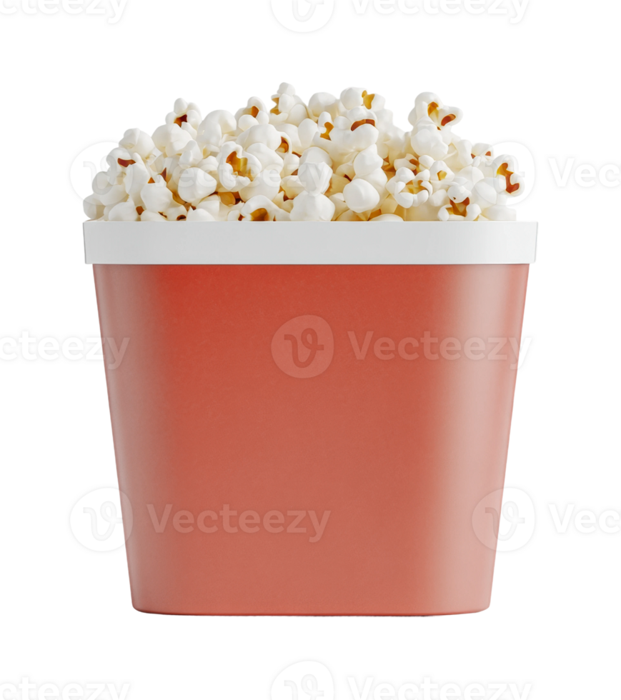 Large red popcorn bucket filled with freshly popped popcorn, cut out png