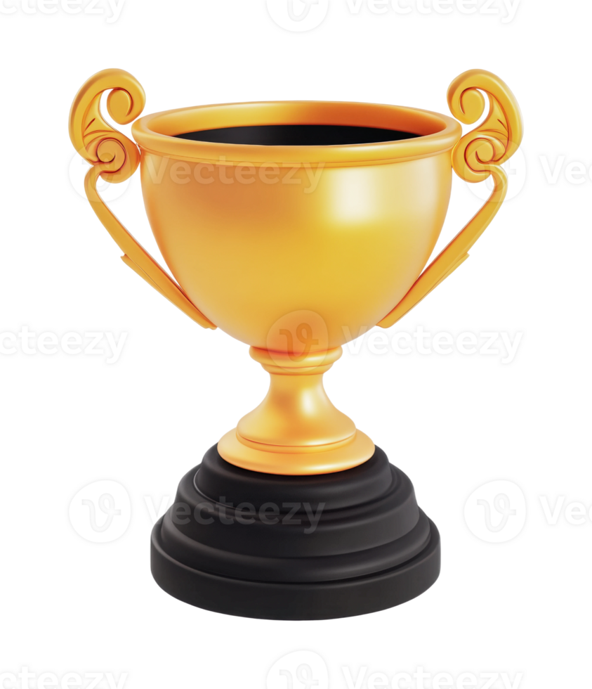 Golden trophy cup on black pedestal with ornate handles, cut out png