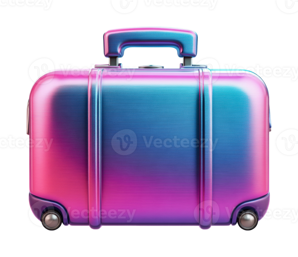 Gradient metallic suitcase with vibrant pink and blue design on wheels, cut out png