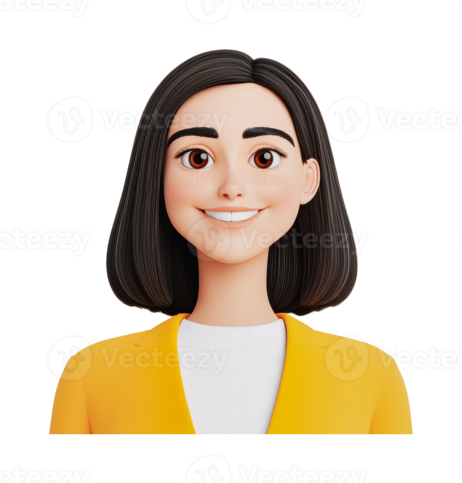 Smiling animated character with yellow jacket and short black hair, cut out png