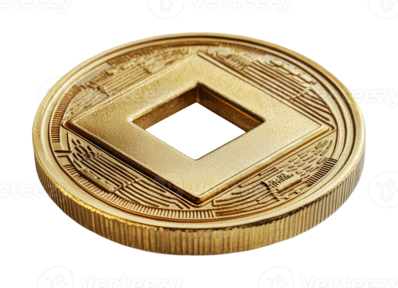 Close-up of ancient chinese coin with square hole, cut out png