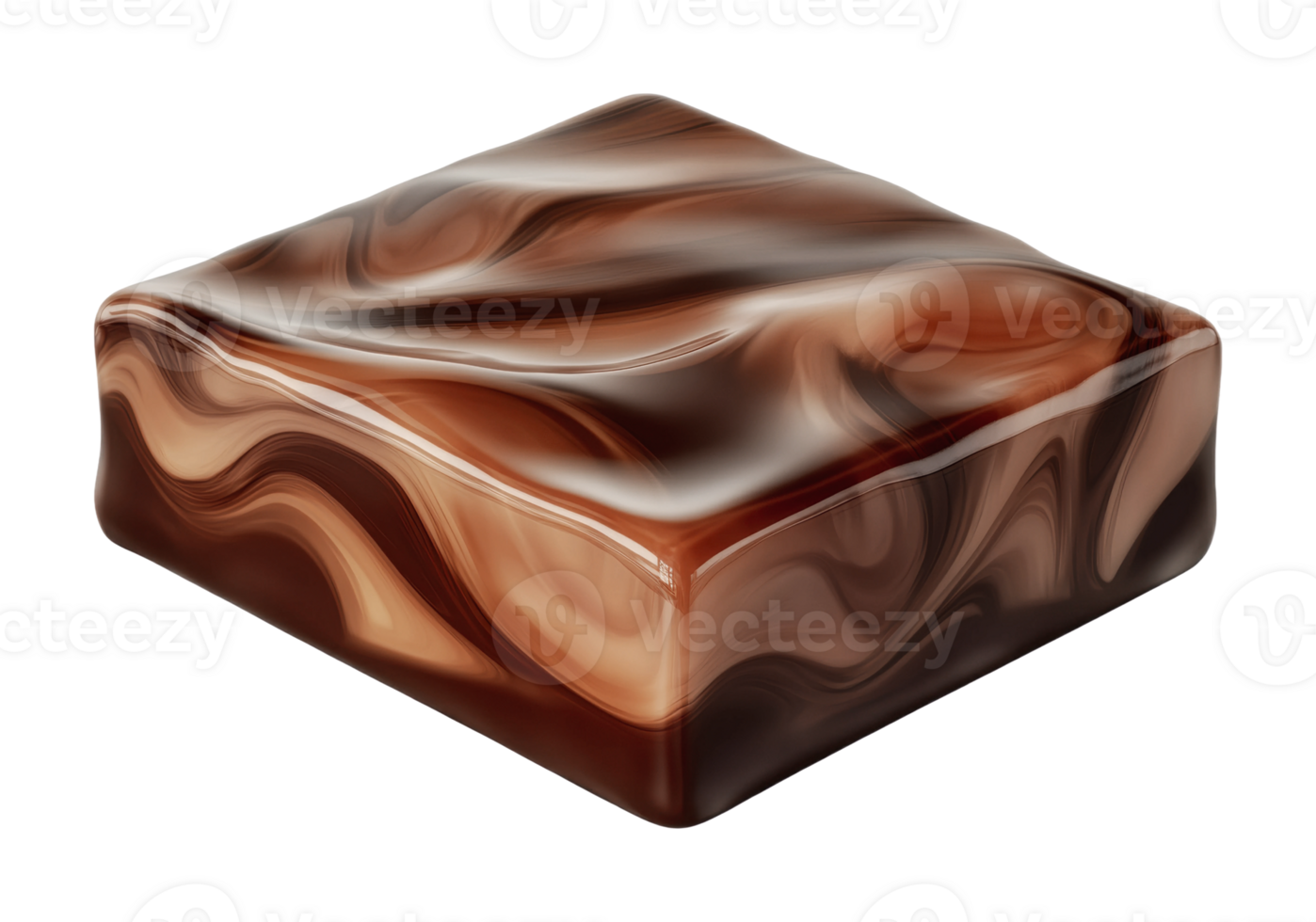 Square marble chocolate cake with glossy swirl pattern, cut out png