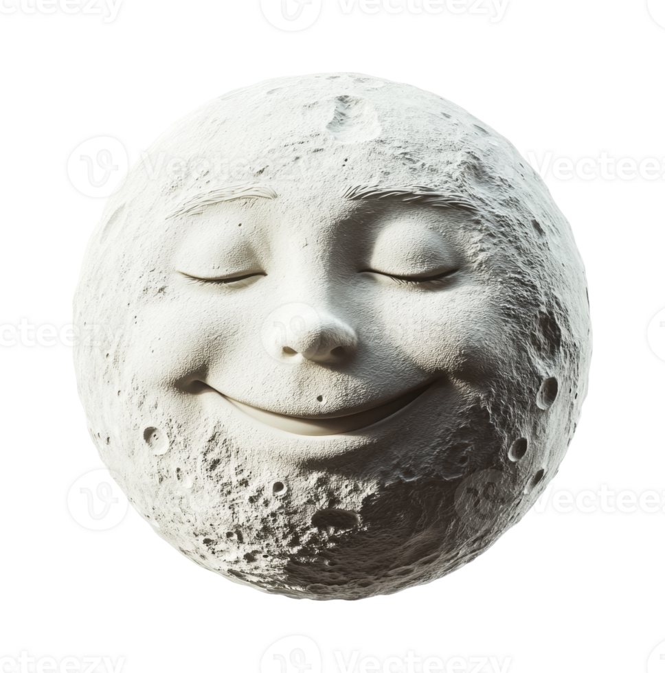 Smiling moon face sculpture with closed eyes and craters in white, cut out png