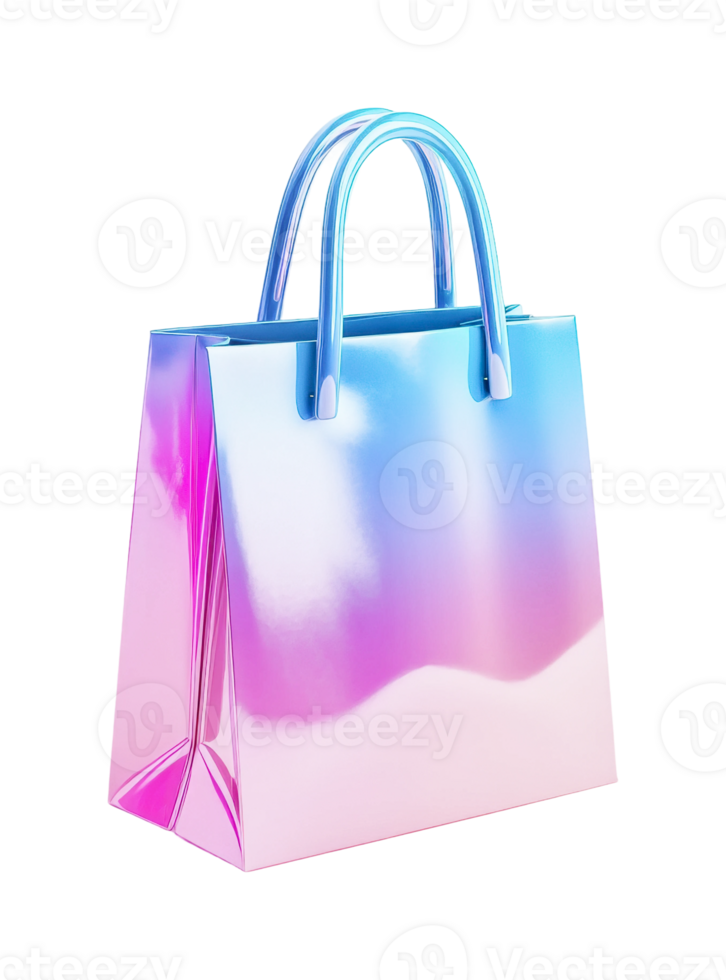 Holographic fashion shopping bag with iridescent gradient design, cut out png