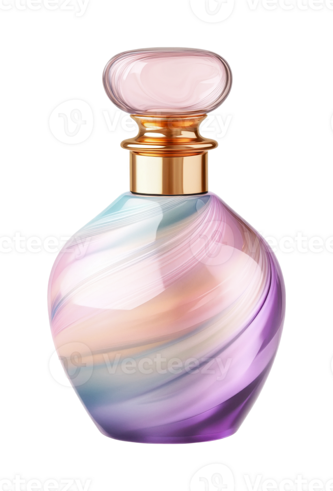 Elegant multicolored perfume bottle with gold accents and swirled design, cut out png