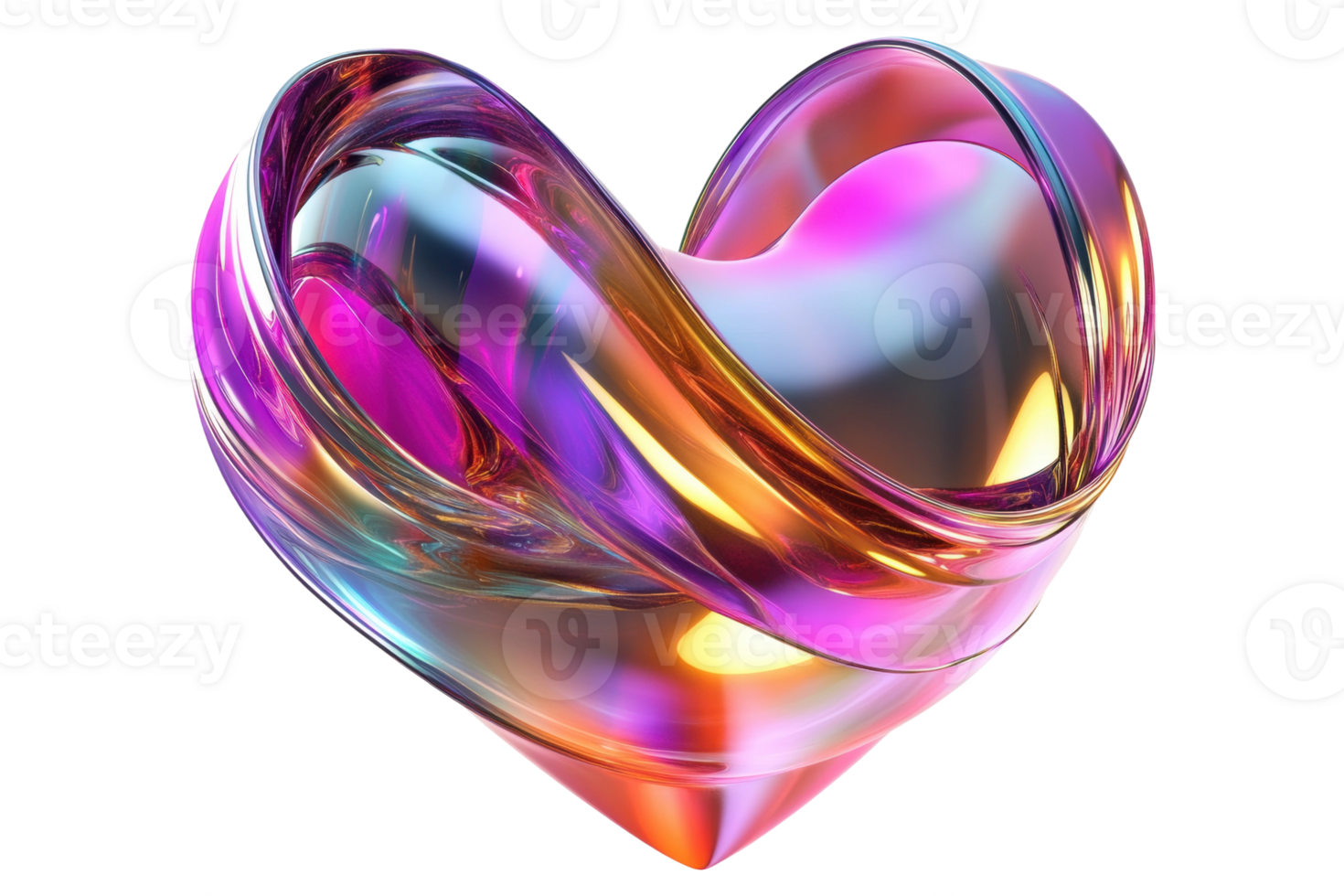 Vibrant multicolor abstract heart shape with reflective surface, cut out png