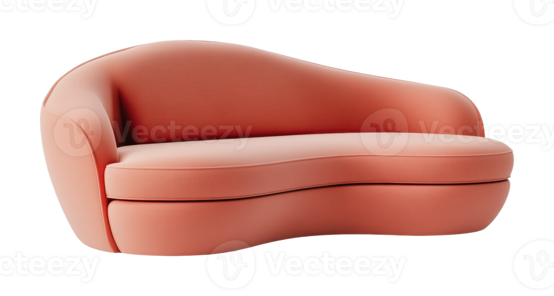 Modern minimalist coral pink sofa with rounded design and soft cushions, cut out png