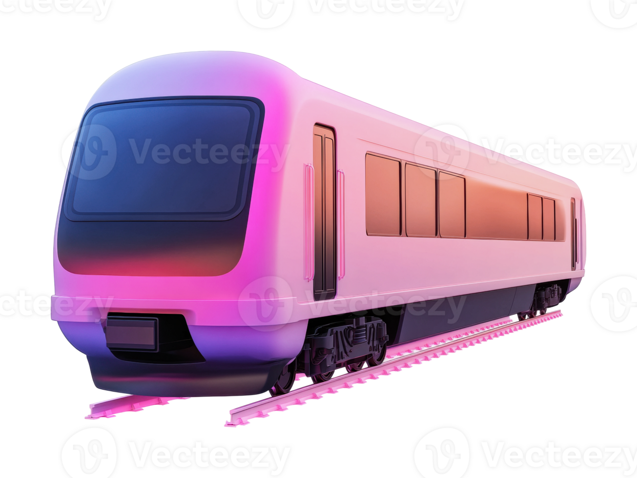 Futuristic pink and purple train on tracks against black background, cut out png