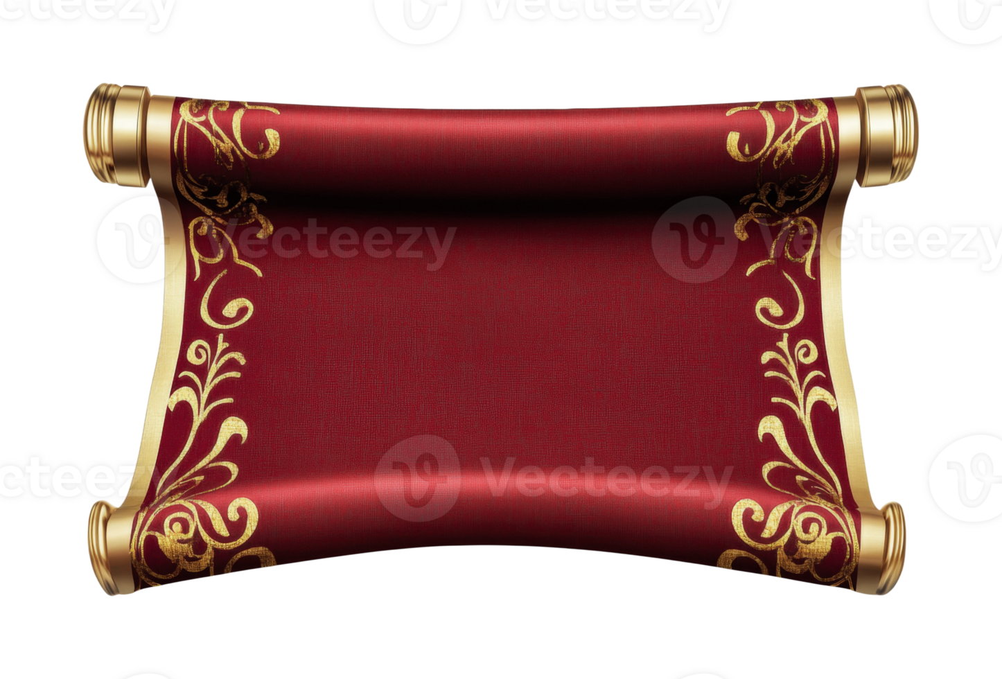 Elegant red scroll with gold ornate designs on rolled edges, cut out png
