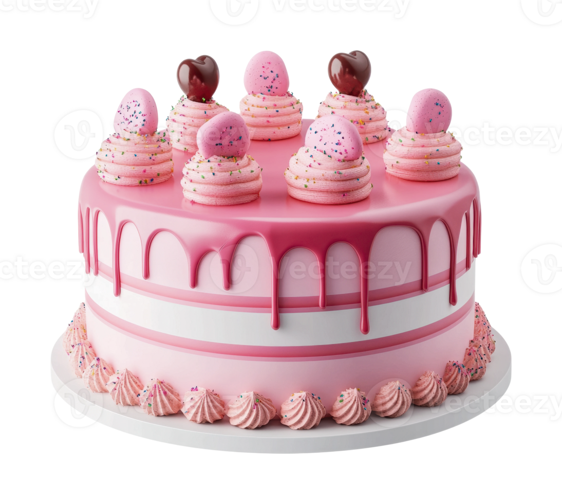 Pink drip cake with macarons and chocolate hearts topped with sprinkles, cut out png