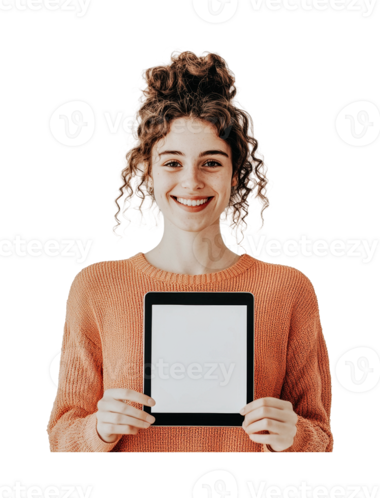 Young caucasian female smiling holding a tablet displaying a blank screen, cut out png