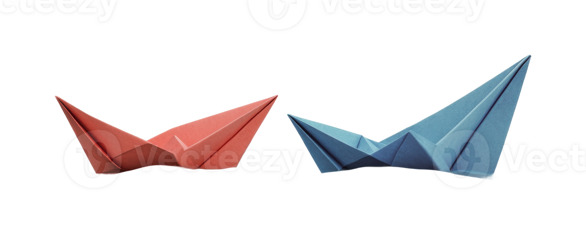 Red and blue origami boats facing each other, cut out png