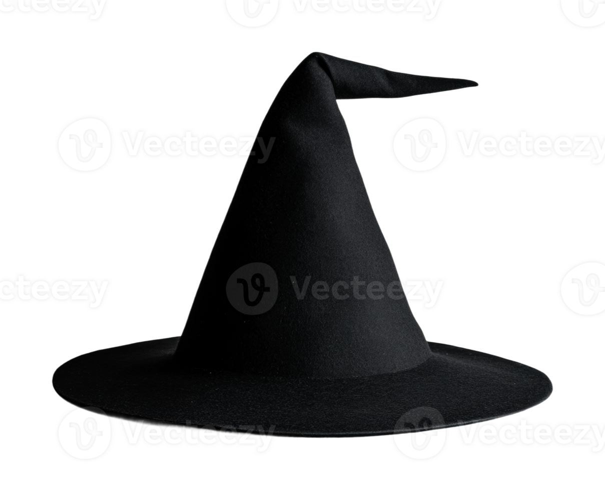 Black witch hat with pointed tip on dark background, cut out png