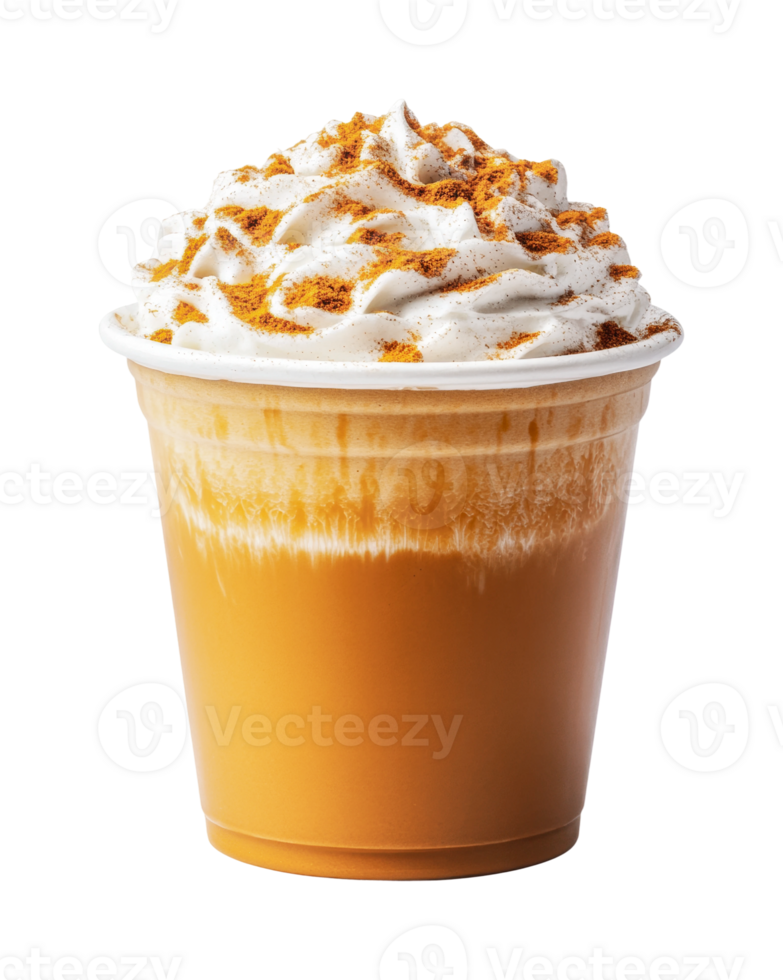 Pumpkin spice latte with whipped cream and cinnamon topping in a cup, cut out png