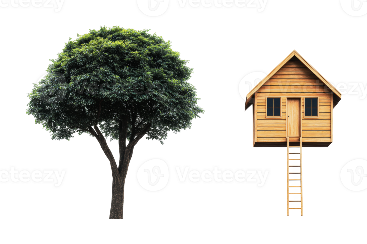 Tree adjacent to elevated wooden house with ladder, cut out png