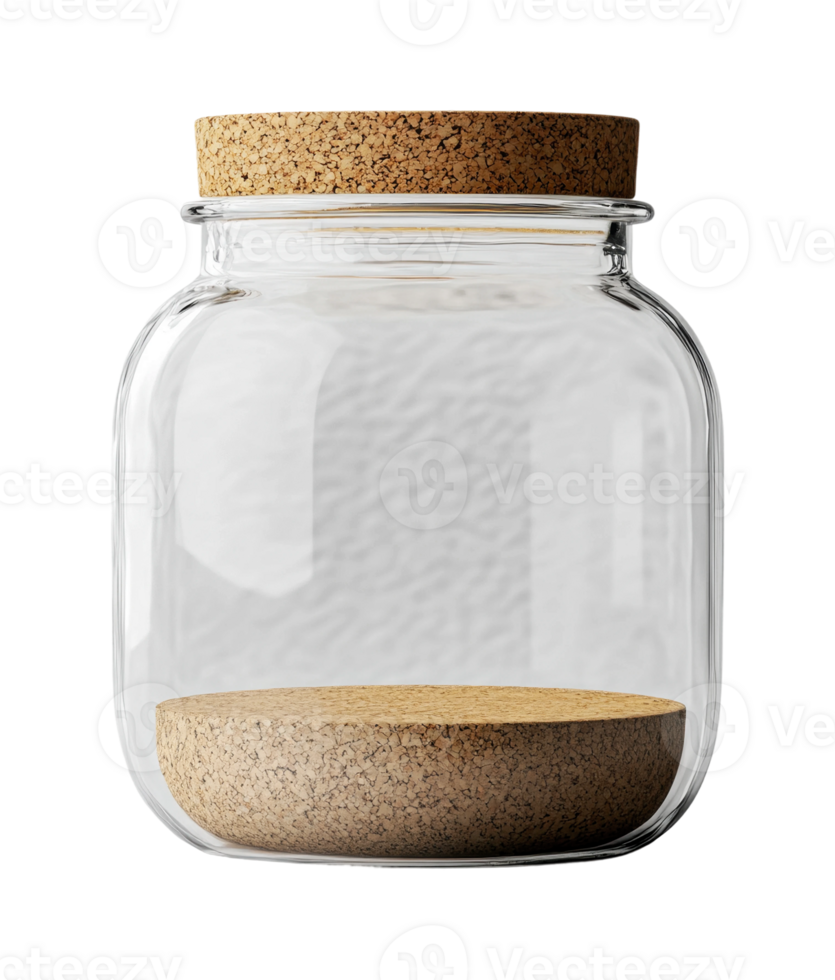 Empty glass jar with cork lid on transparent background, cut out png