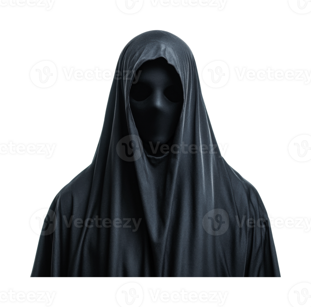 Mysterious hooded figure in black cloak with hidden face, cut out png