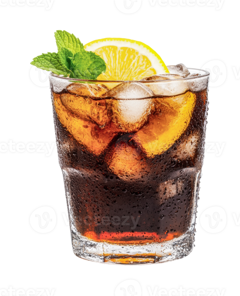 Refreshing iced cola with lemon slice and mint garnish, cut out png