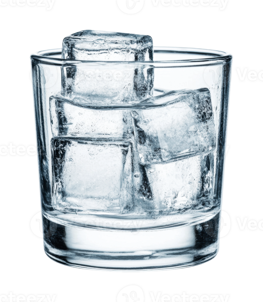 Clear glass filled with transparent ice cubes against black background, cut out png