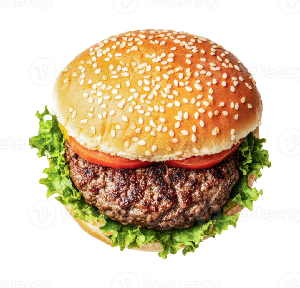 Delicious cheeseburger with lettuce and tomato on sesame bun, cut out png
