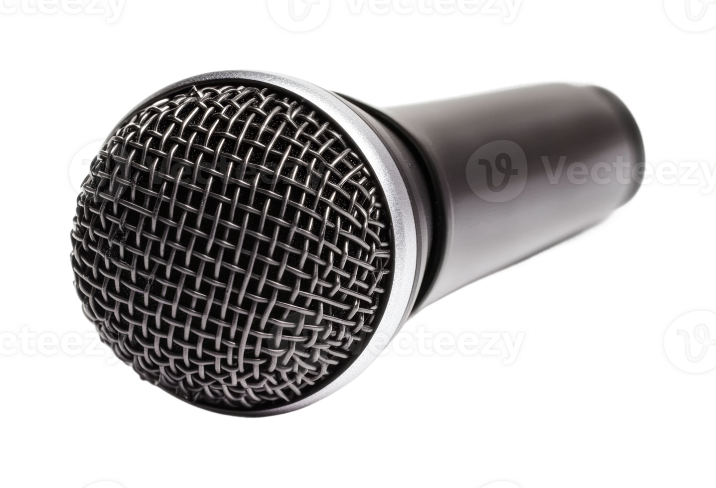 Close-up of a classic dynamic microphone with metal mesh grille, cut out png