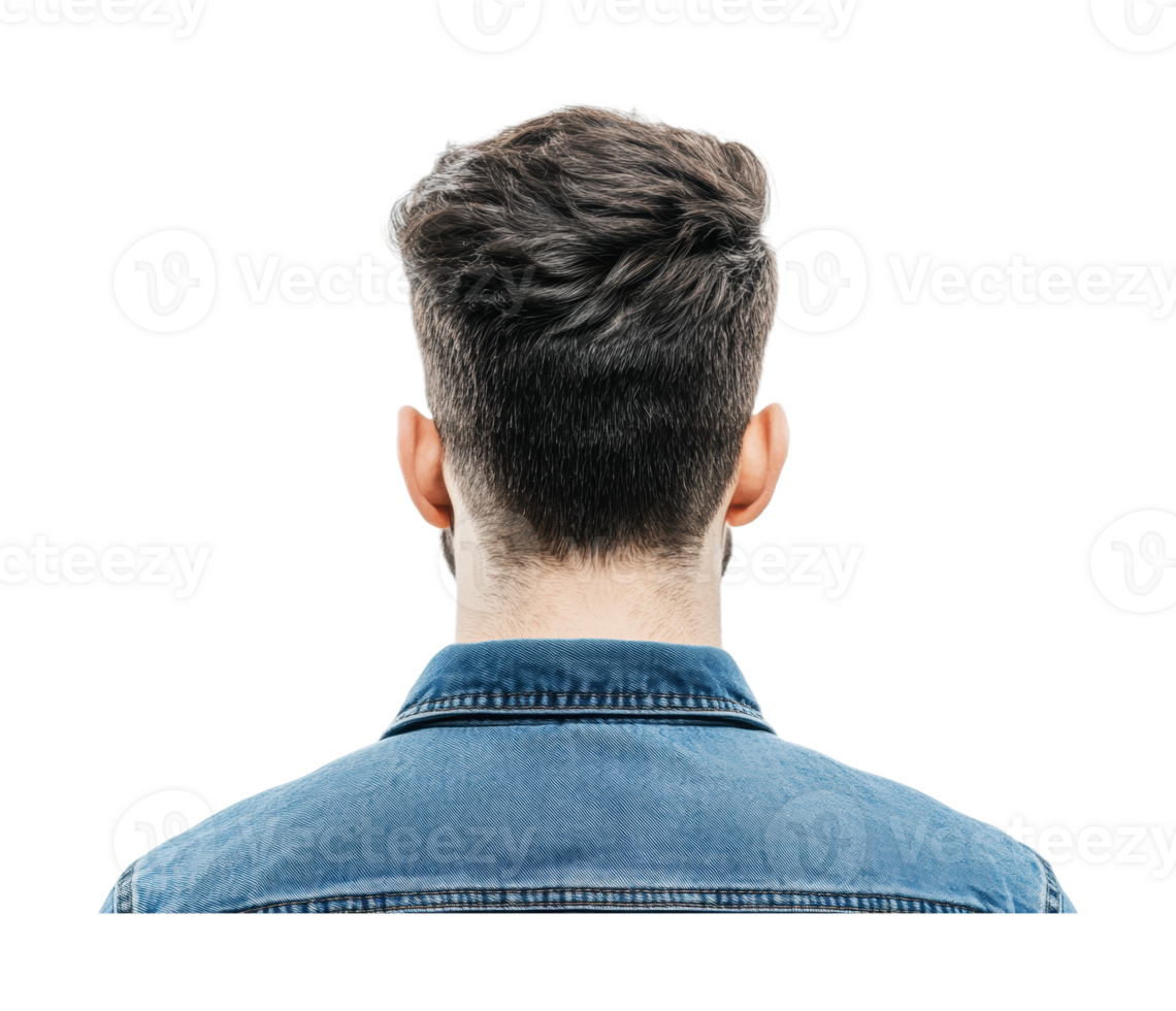 Back view of young caucasian male with short brown hair wearing denim jacket, cut out png