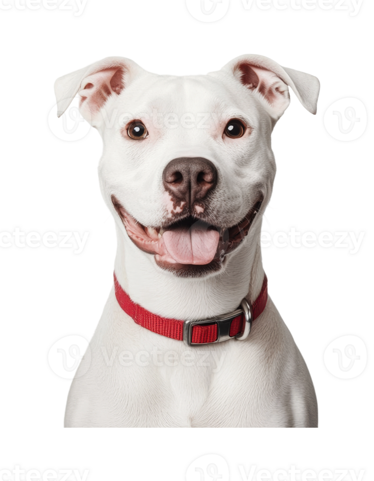 Happy white pit bull with red collar smiling, cut out png