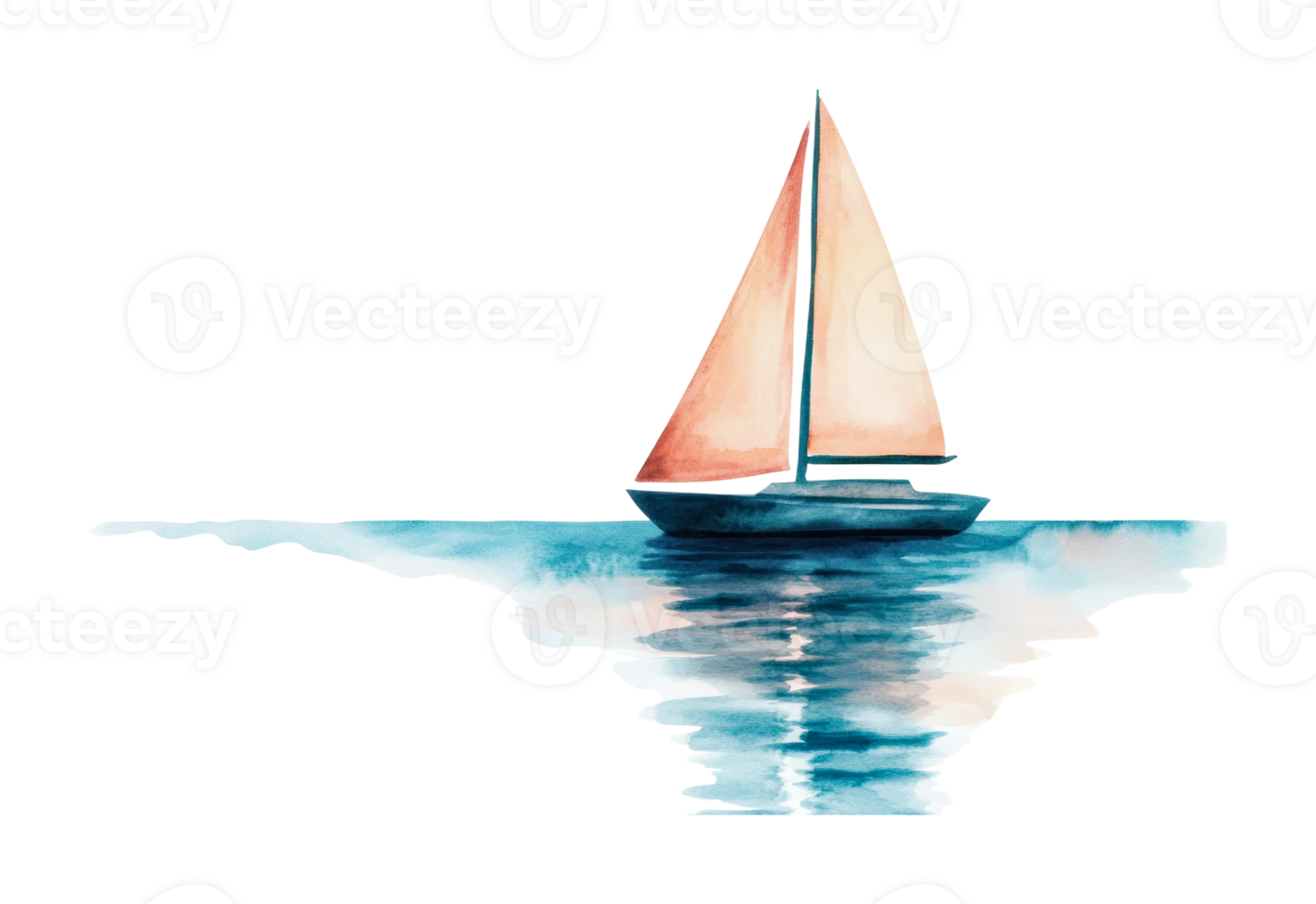 Watercolor sailboat on tranquil water with beautiful reflection, cut out png